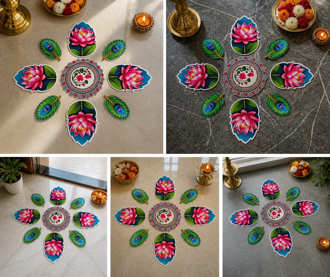 Lotus & Peacock Feather Rangoli Floor MDF Wood Set | Kamal Phool Decorative Rangoli | Reusable Diwali, Pooja & Festival Home Decor (16–18 Inch Layout)