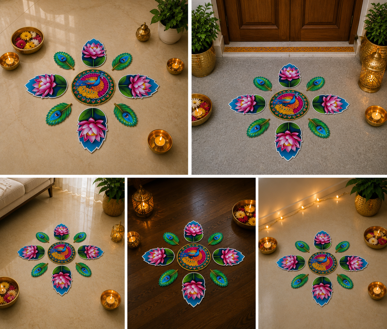 Peacock & Lotus Rangoli Floor MDF Set | Premium Mor Design Decorative Rangoli | Reusable Diwali, Pooja & Festival Decor (16–18 Inch Layout)