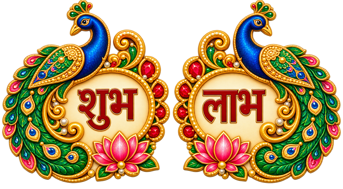 Premium Peacock Shubh Labh Wall Hanging 4 Inch | Peacock & Lotus Decorative Pair | Diwali Pooja Home Entrance Decoration | Digital MDF