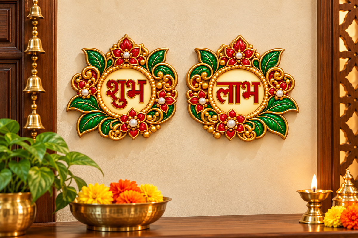 Premium Shubh Labh Floral Leaf Wall Hanging Set – Royal Red Green & Golden Traditional Design Digital MDF 4 Inch | 10 Pair
