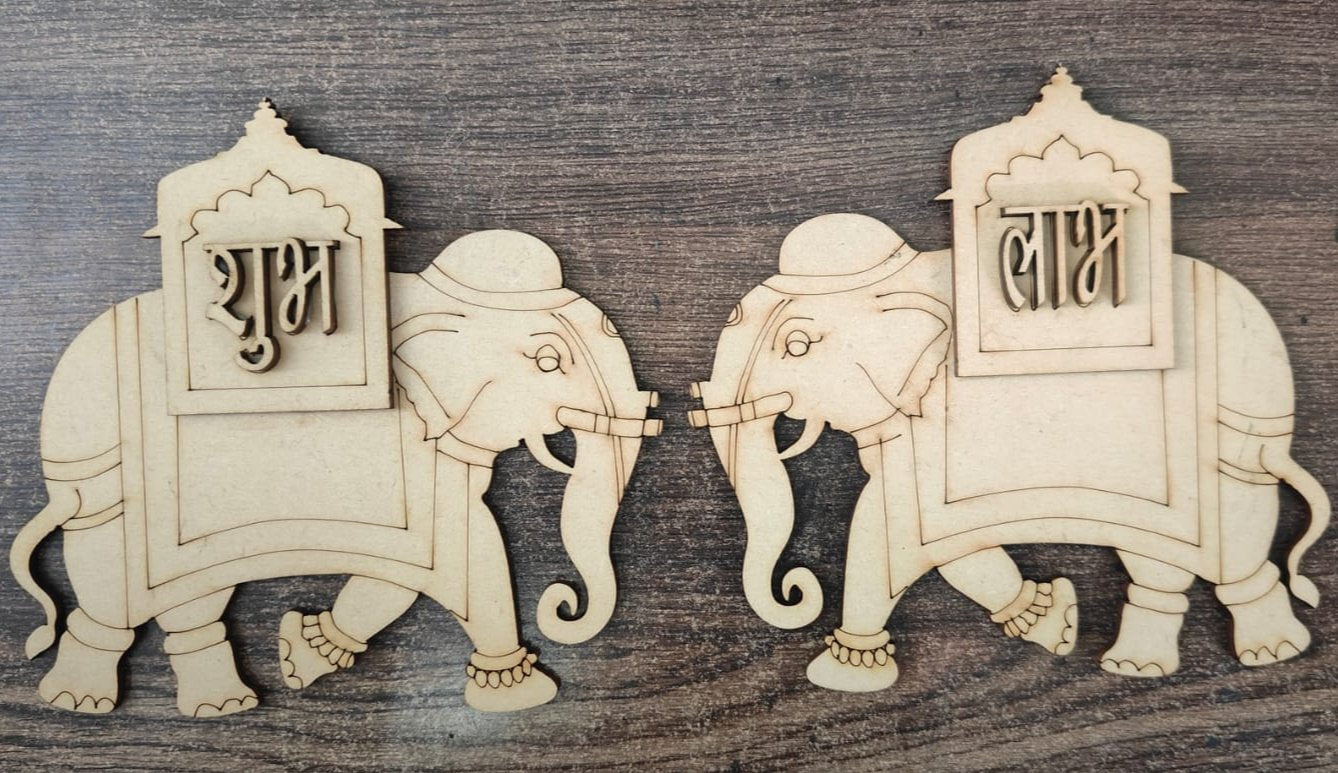 MDF Elephant Subh And Labh For Diwali 2 Pair, Cutout for DIY Art and Craft | Wall Hanging Decorations, Festival Gift
