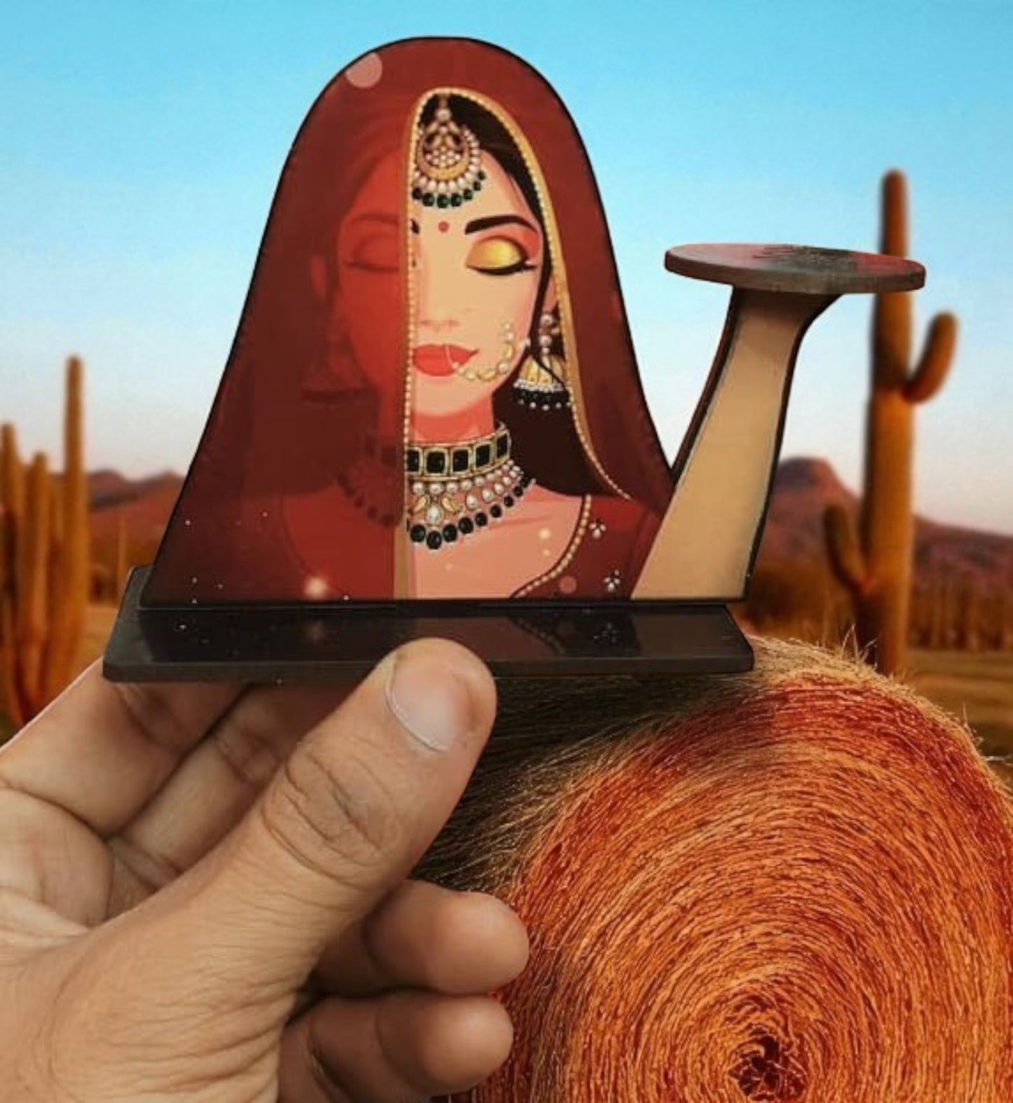 Bride with jewelry and a red veil, likely part of a festive or wedding-themed tabletop arrangement.
