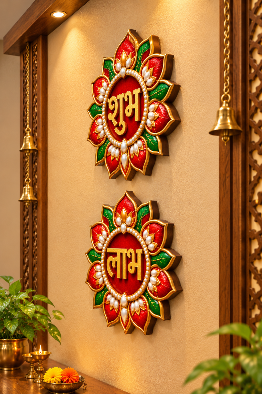 Premium Red Golden Shubh Labh Wall Hanging Set for Diwali & Home Entrance Decoration | 6 Inch | 2  Pair