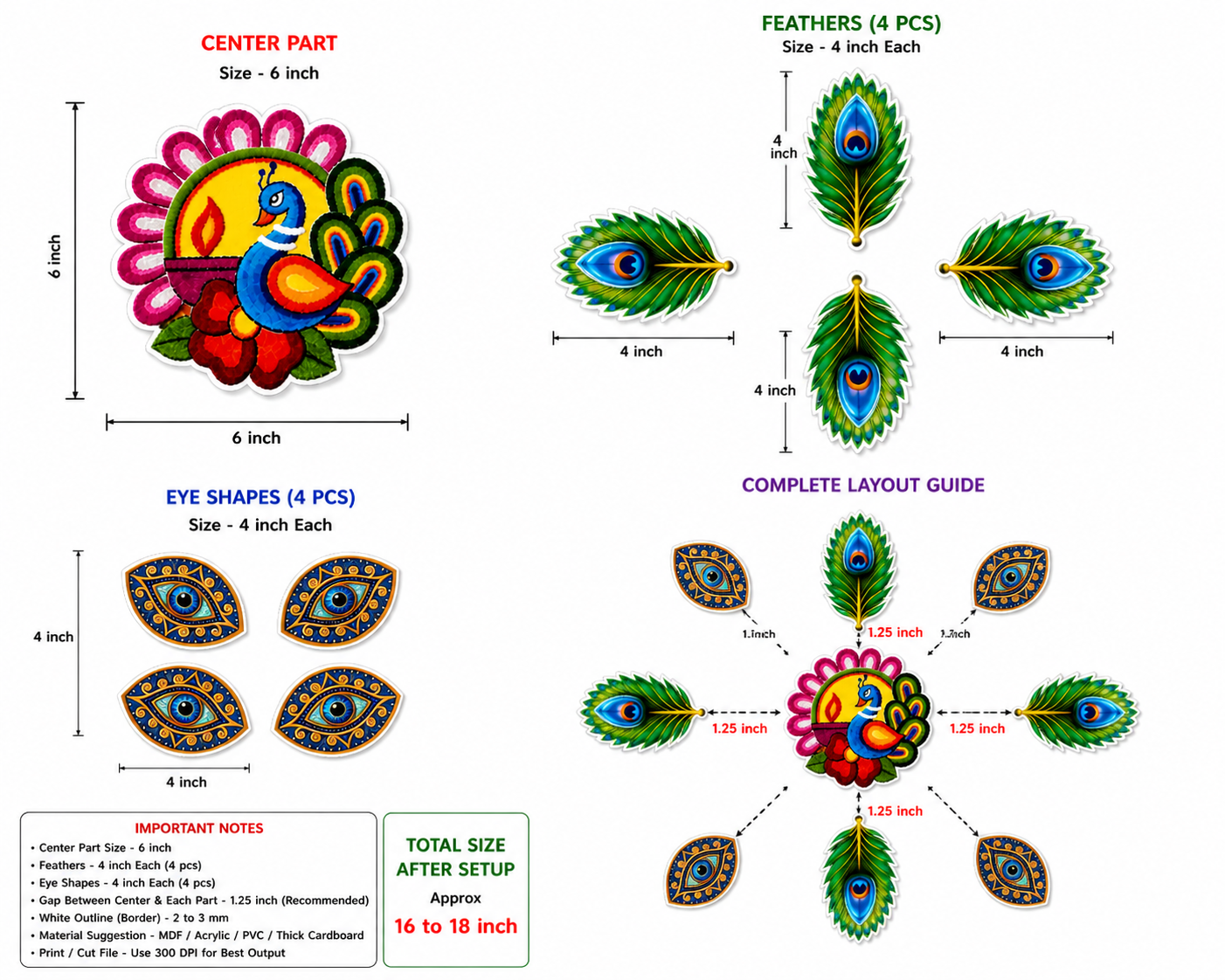 Peacock Rangoli Floor MDF Wooden Set | MOR Design Decorative Rangoli | Reusable Festival Rangoli for Diwali, Pooja & Home Decor (16–18 Inch Layout)