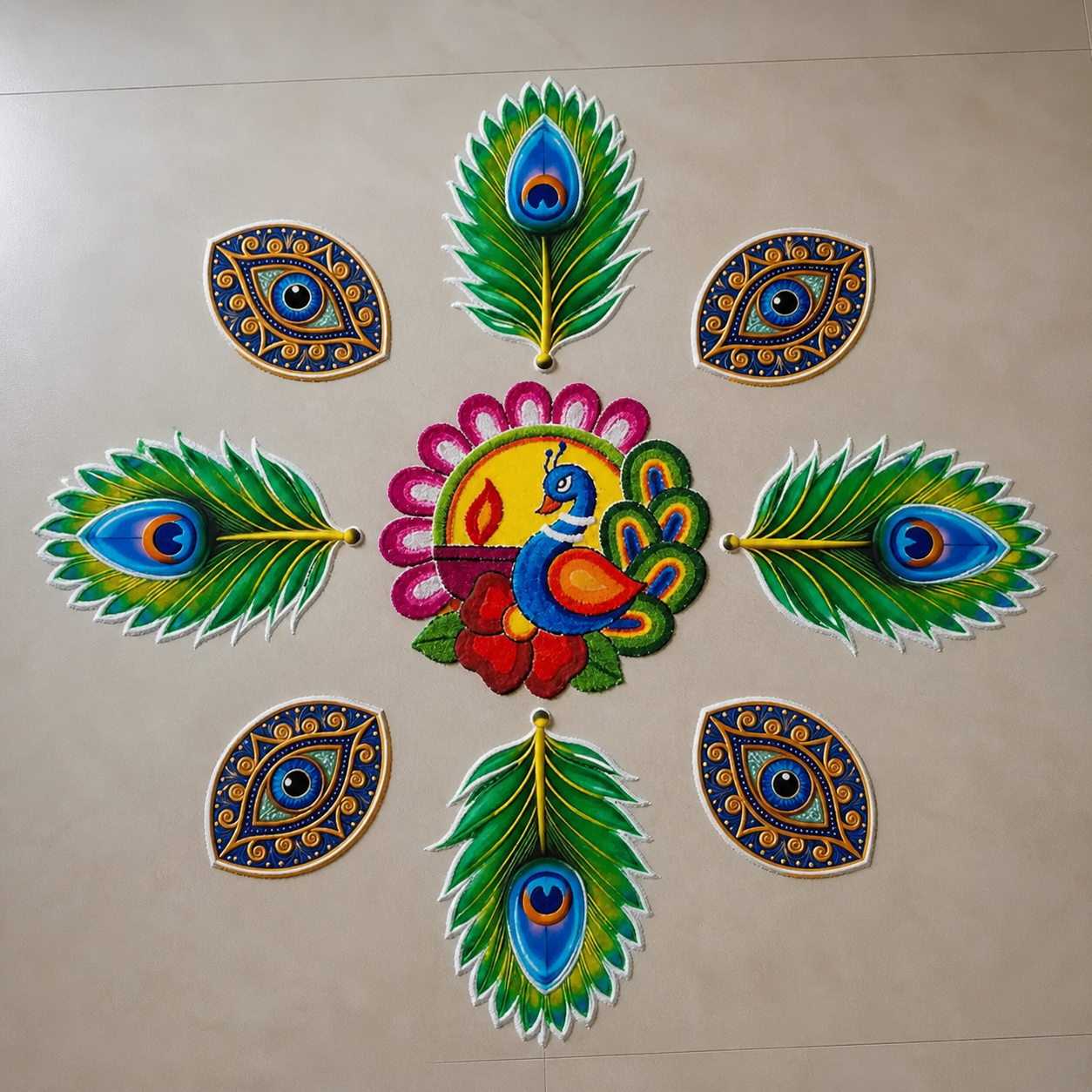Peacock Rangoli Floor MDF Wooden Set | MOR Design Decorative Rangoli | Reusable Festival Rangoli for Diwali, Pooja & Home Decor (16–18 Inch Layout)