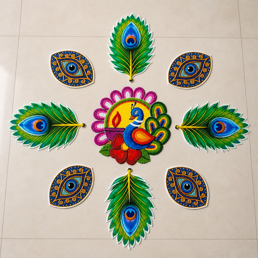 Peacock Rangoli Floor MDF Wooden Set | MOR Design Decorative Rangoli | Reusable Festival Rangoli for Diwali, Pooja & Home Decor (16–18 Inch Layout)