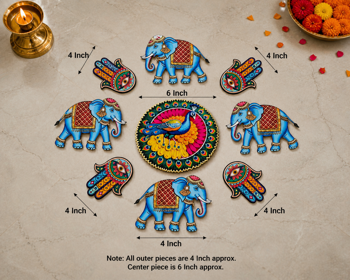 Elephant & Peacock Rangoli Floor MDF Wood Set | Royal Mor & Hathi Design Decorative Rangoli | Reusable Diwali & Festival Floor Decor (16–18 Inch Layout)