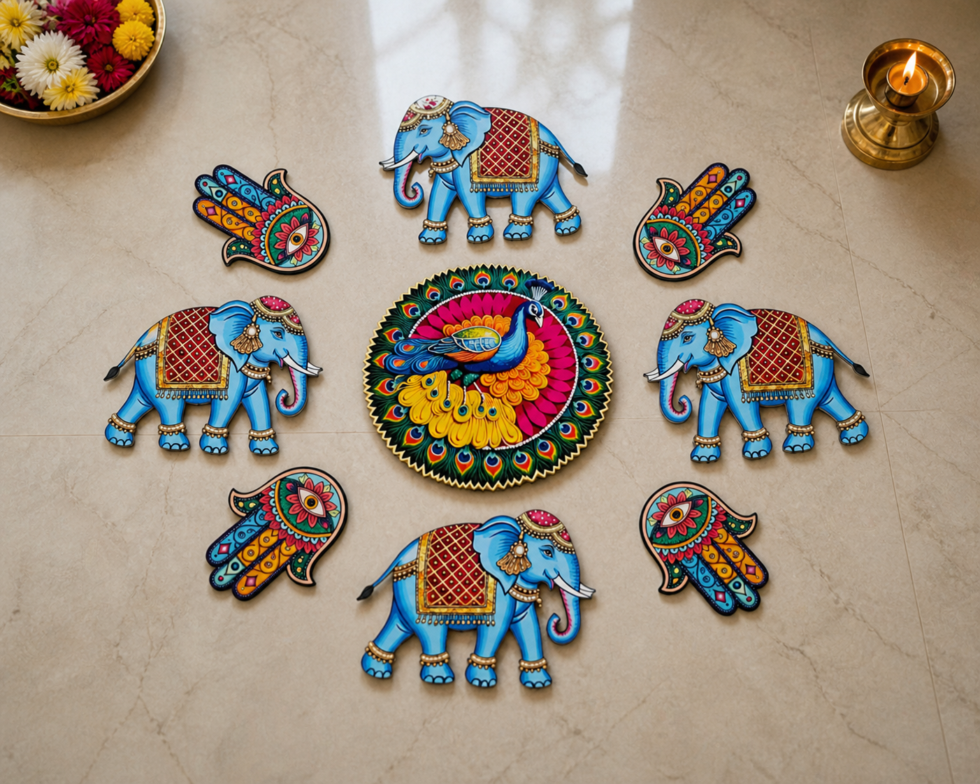 Elephant & Peacock Rangoli Floor MDF Wood Set | Royal Mor & Hathi Design Decorative Rangoli | Reusable Diwali & Festival Floor Decor (16–18 Inch Layout)