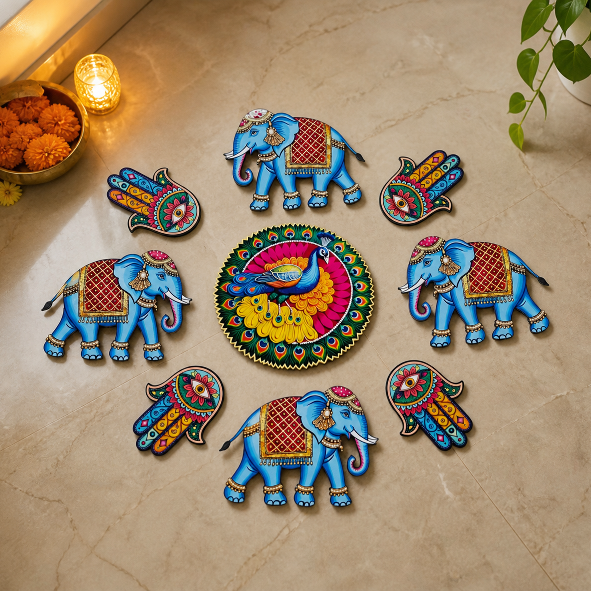 Elephant & Peacock Rangoli Floor MDF Wood Set | Royal Mor & Hathi Design Decorative Rangoli | Reusable Diwali & Festival Floor Decor (16–18 Inch Layout)