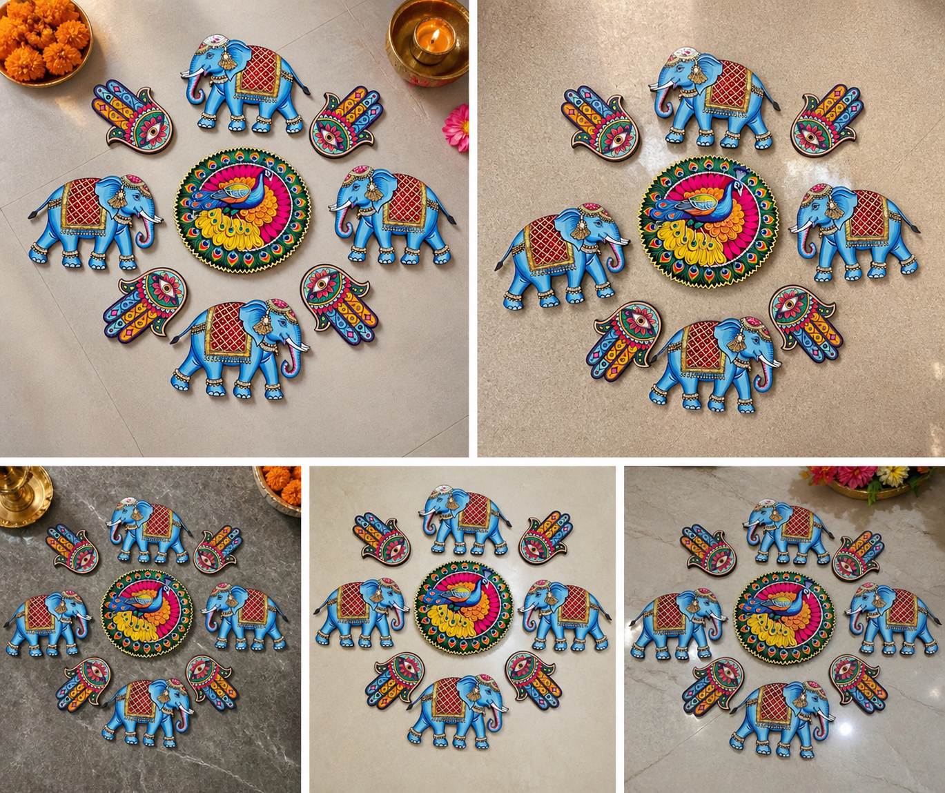 Elephant & Peacock Rangoli Floor MDF Wood Set | Royal Mor & Hathi Design Decorative Rangoli | Reusable Diwali & Festival Floor Decor (16–18 Inch Layout)