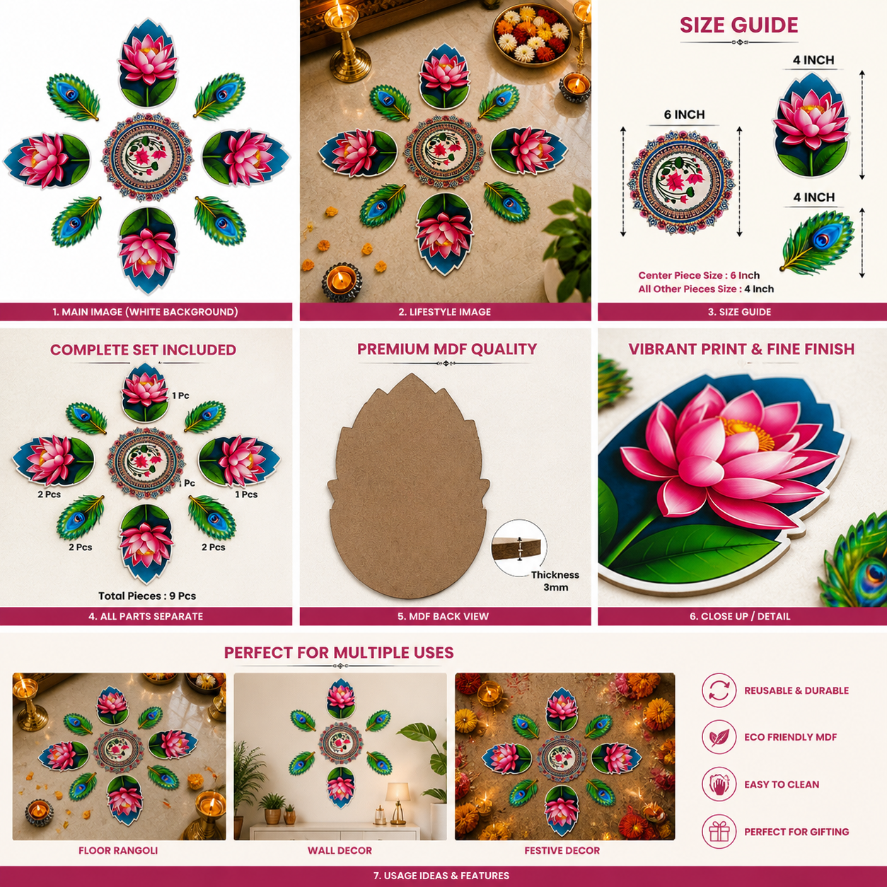 Lotus & Peacock Feather Rangoli Floor MDF Wood Set | Kamal Phool Decorative Rangoli | Reusable Diwali, Pooja & Festival Home Decor (16–18 Inch Layout)