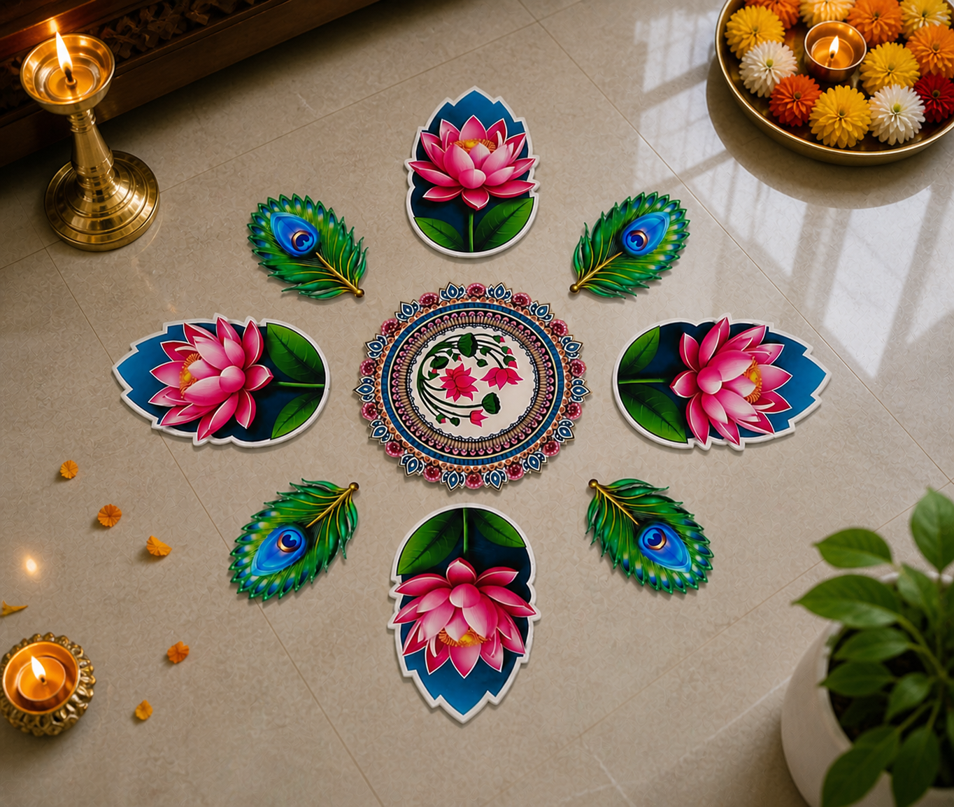Lotus & Peacock Feather Rangoli Floor MDF Wood Set | Kamal Phool Decorative Rangoli | Reusable Diwali, Pooja & Festival Home Decor (16–18 Inch Layout)