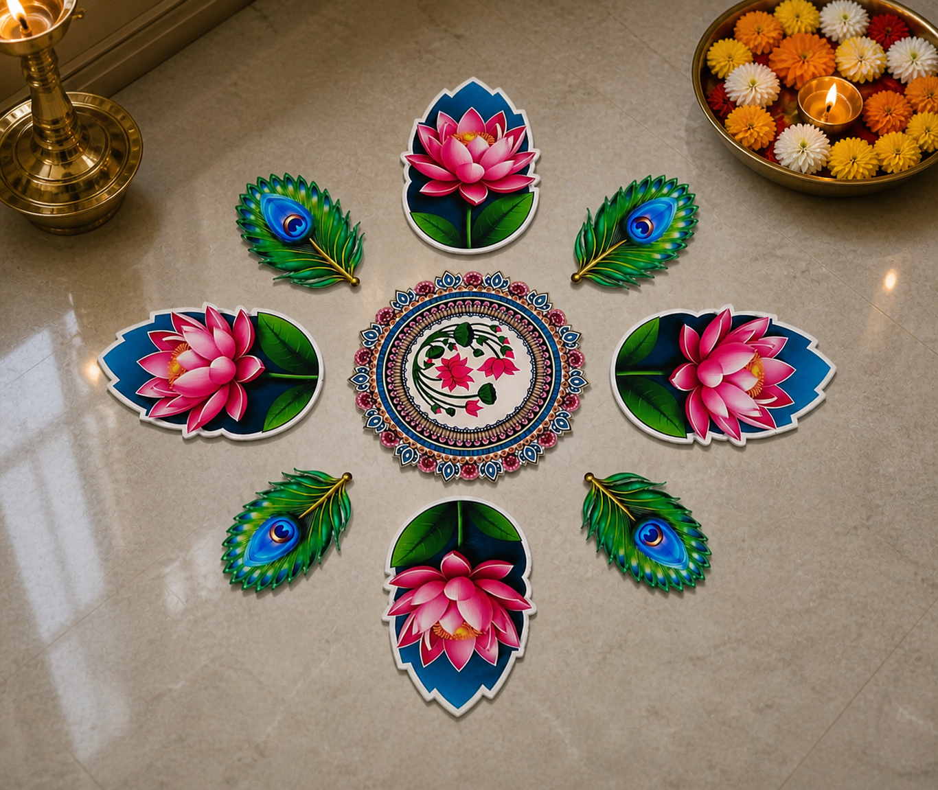 Lotus & Peacock Feather Rangoli Floor MDF Wood Set | Kamal Phool Decorative Rangoli | Reusable Diwali, Pooja & Festival Home Decor (16–18 Inch Layout)