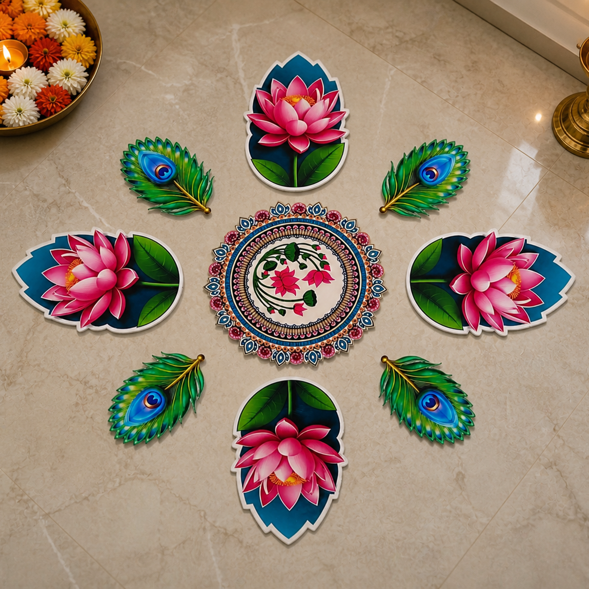 Lotus & Peacock Feather Rangoli Floor MDF Wood Set | Kamal Phool Decorative Rangoli | Reusable Diwali, Pooja & Festival Home Decor (16–18 Inch Layout)