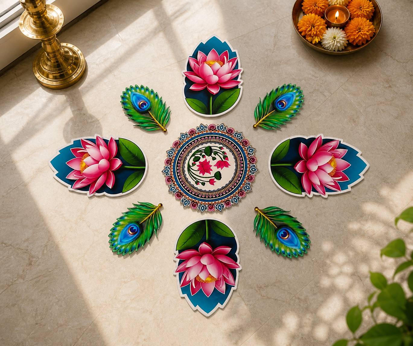 Lotus & Peacock Feather Rangoli Floor MDF Wood Set | Kamal Phool Decorative Rangoli | Reusable Diwali, Pooja & Festival Home Decor (16–18 Inch Layout)