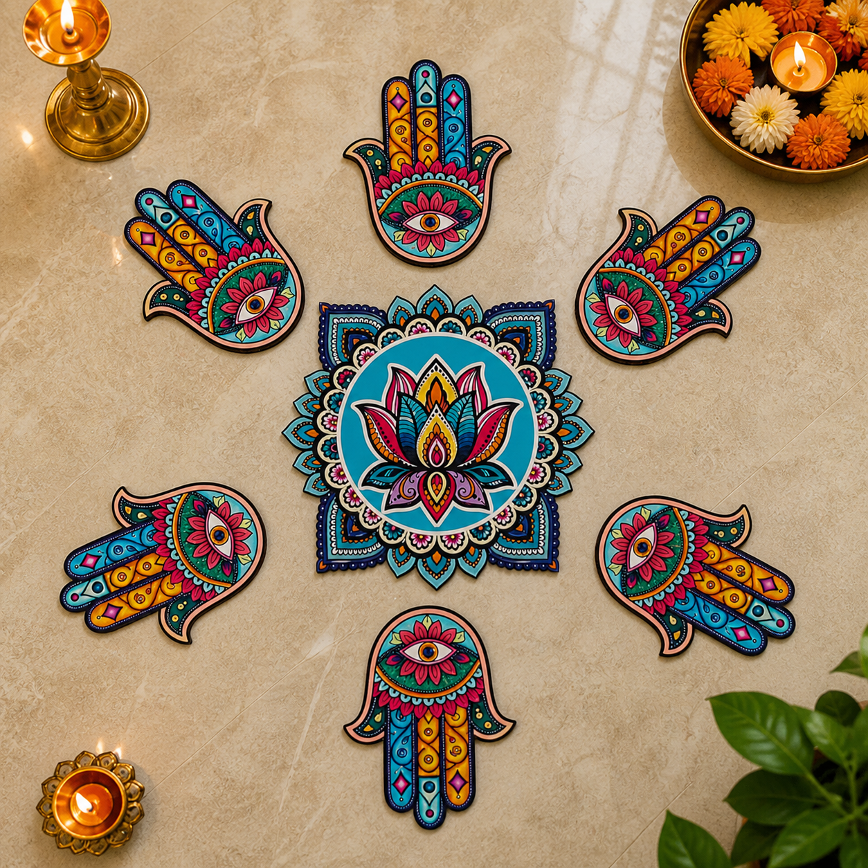 Hamsa Hand & Lotus Rangoli Floor MDF Wood Set | Evil Eye Protection Hand Design Decorative Rangoli | Reusable Diwali & Festival Home Decor (16–18 Inch Layout)