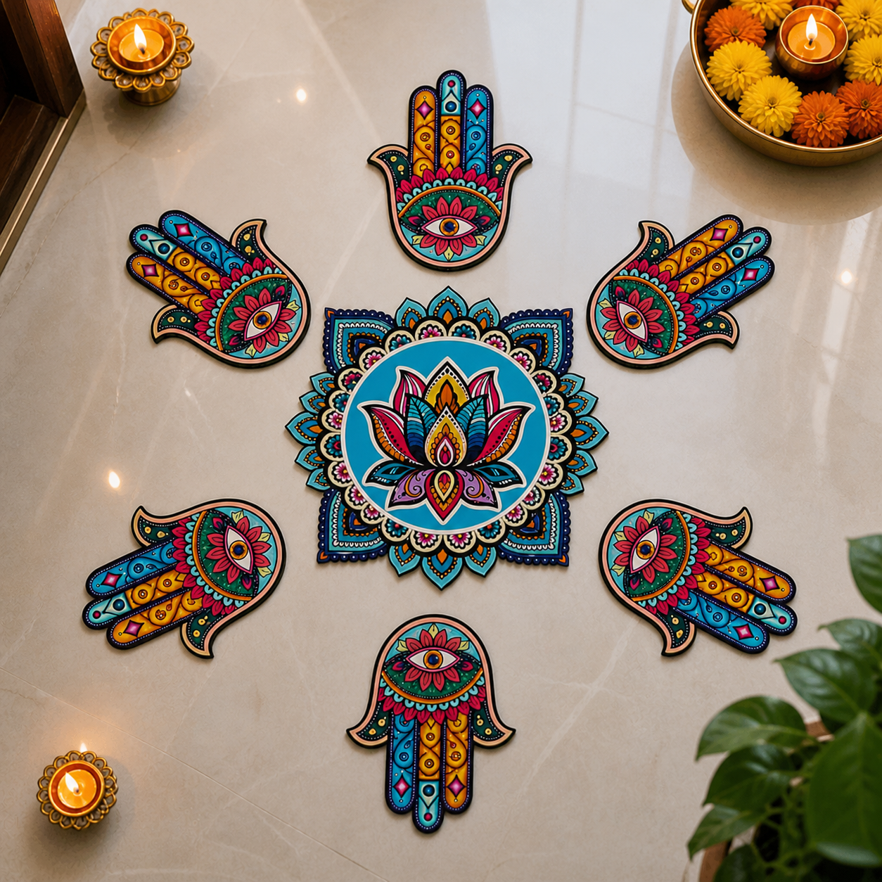 Hamsa Hand & Lotus Rangoli Floor MDF Wood Set | Evil Eye Protection Hand Design Decorative Rangoli | Reusable Diwali & Festival Home Decor (16–18 Inch Layout)