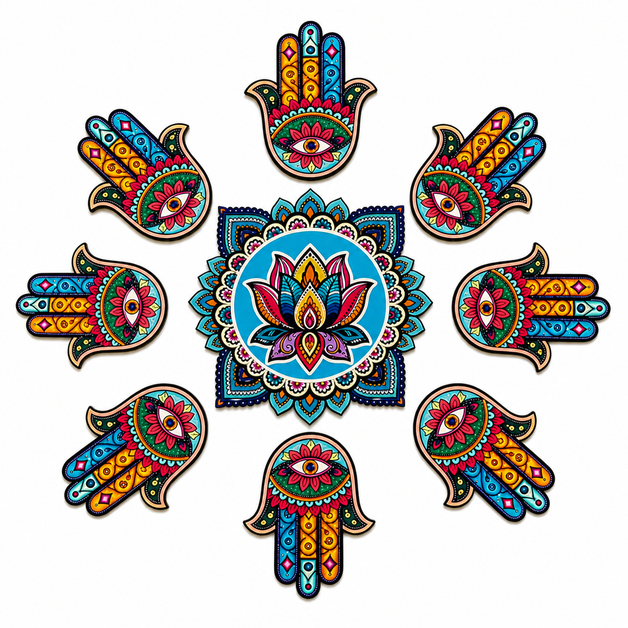 Hamsa Hand & Lotus Rangoli Floor MDF Wood Set | Evil Eye Protection Hand Design Decorative Rangoli | Reusable Diwali & Festival Home Decor (16–18 Inch Layout)