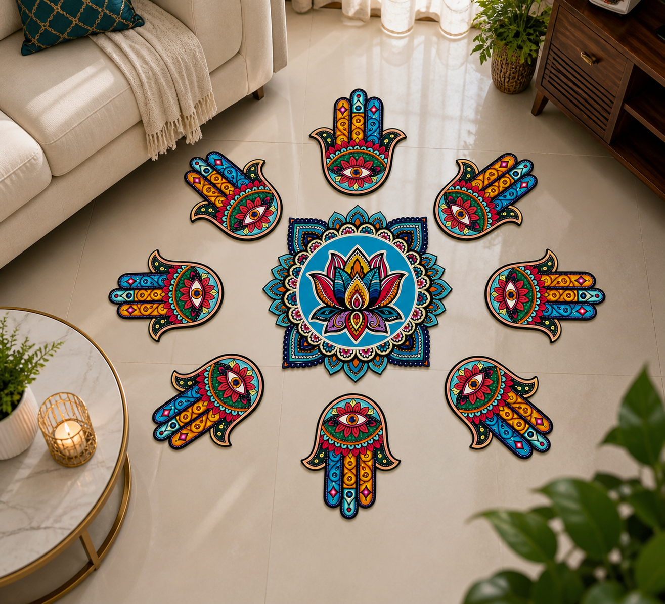 Hamsa Hand & Lotus Rangoli Floor MDF Wood Set | Evil Eye Protection Hand Design Decorative Rangoli | Reusable Diwali & Festival Home Decor (16–18 Inch Layout)