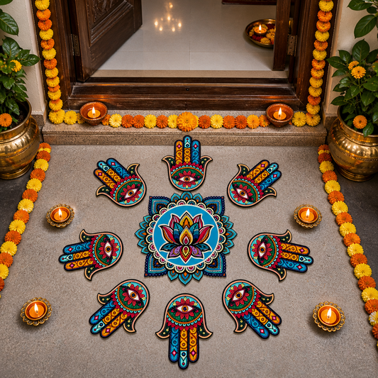 Hamsa Hand & Lotus Rangoli Floor MDF Wood Set | Evil Eye Protection Hand Design Decorative Rangoli | Reusable Diwali & Festival Home Decor (16–18 Inch Layout)