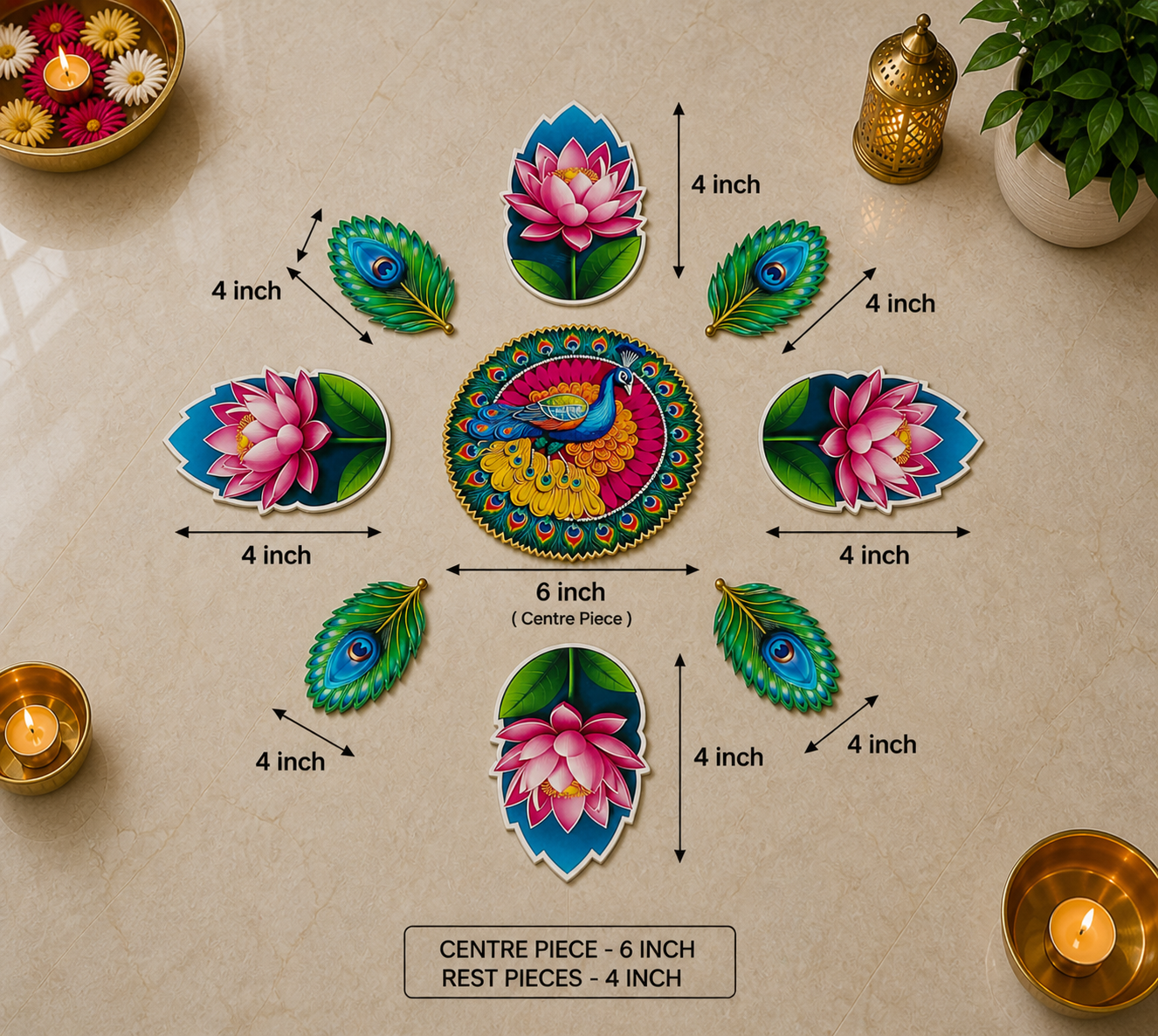 Peacock & Lotus Rangoli Floor MDF Set | Premium Mor Design Decorative Rangoli | Reusable Diwali, Pooja & Festival Decor (16–18 Inch Layout)
