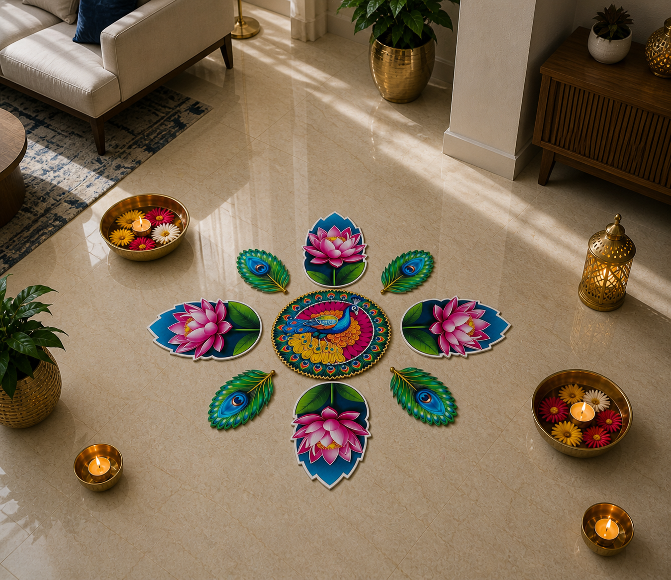 Peacock & Lotus Rangoli Floor MDF Set | Premium Mor Design Decorative Rangoli | Reusable Diwali, Pooja & Festival Decor (16–18 Inch Layout)