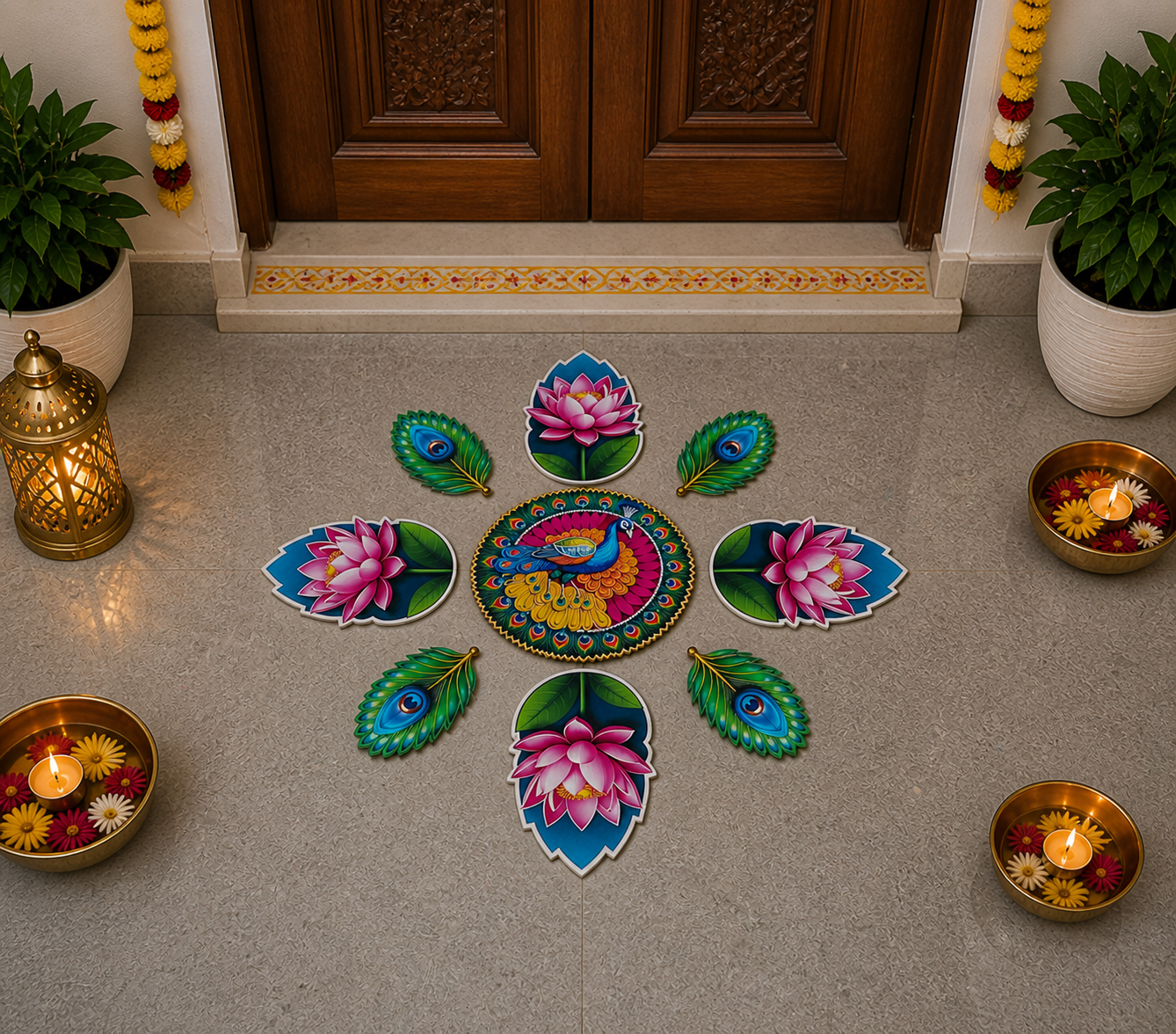 Peacock & Lotus Rangoli Floor MDF Set | Premium Mor Design Decorative Rangoli | Reusable Diwali, Pooja & Festival Decor (16–18 Inch Layout)