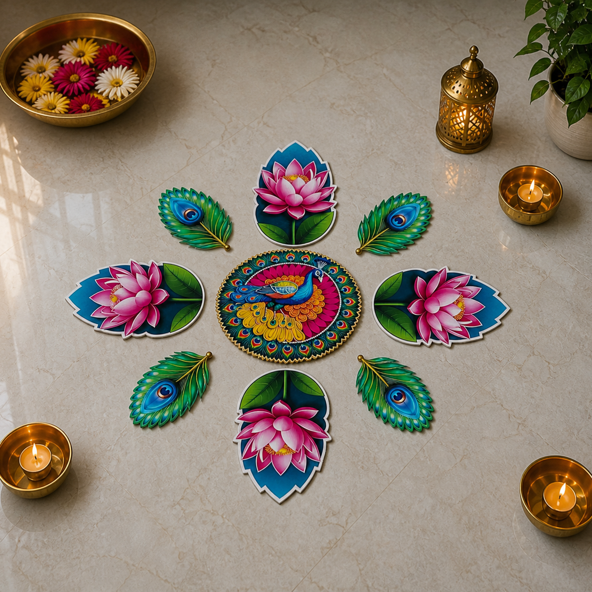 Peacock & Lotus Rangoli Floor MDF Set | Premium Mor Design Decorative Rangoli | Reusable Diwali, Pooja & Festival Decor (16–18 Inch Layout)