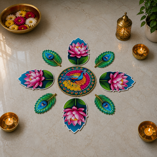 Peacock & Lotus Rangoli Floor MDF Set | Premium Mor Design Decorative Rangoli | Reusable Diwali, Pooja & Festival Decor (16–18 Inch Layout)