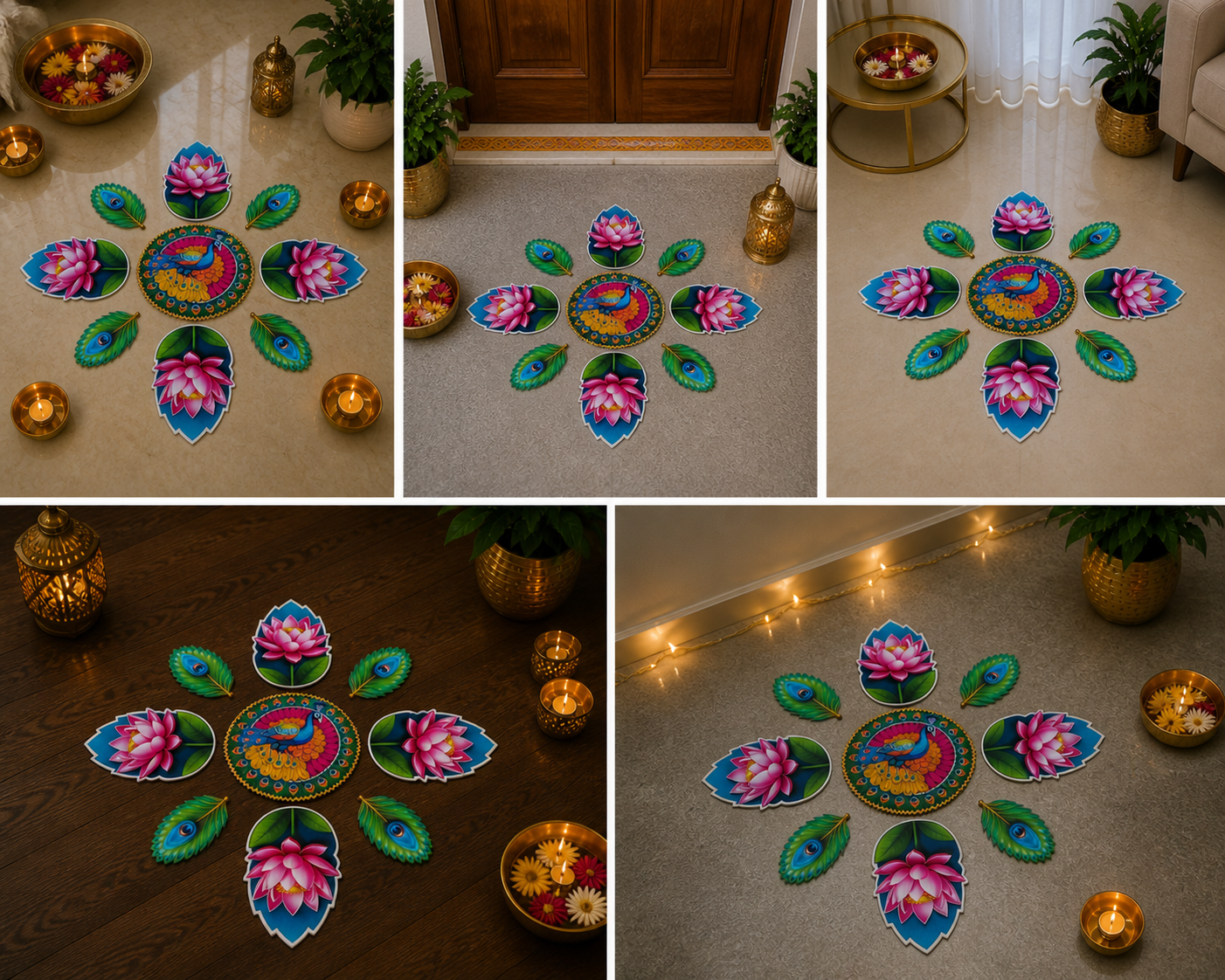 Peacock & Lotus Rangoli Floor MDF Set | Premium Mor Design Decorative Rangoli | Reusable Diwali, Pooja & Festival Decor (16–18 Inch Layout)