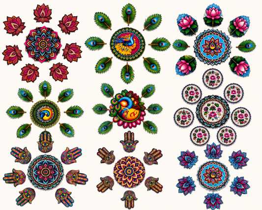 Premium Rangoli MDF Set | 9 Unique Decorative Rangoli Designs | Reusable Diwali, Pooja & Festival Floor Decor Set