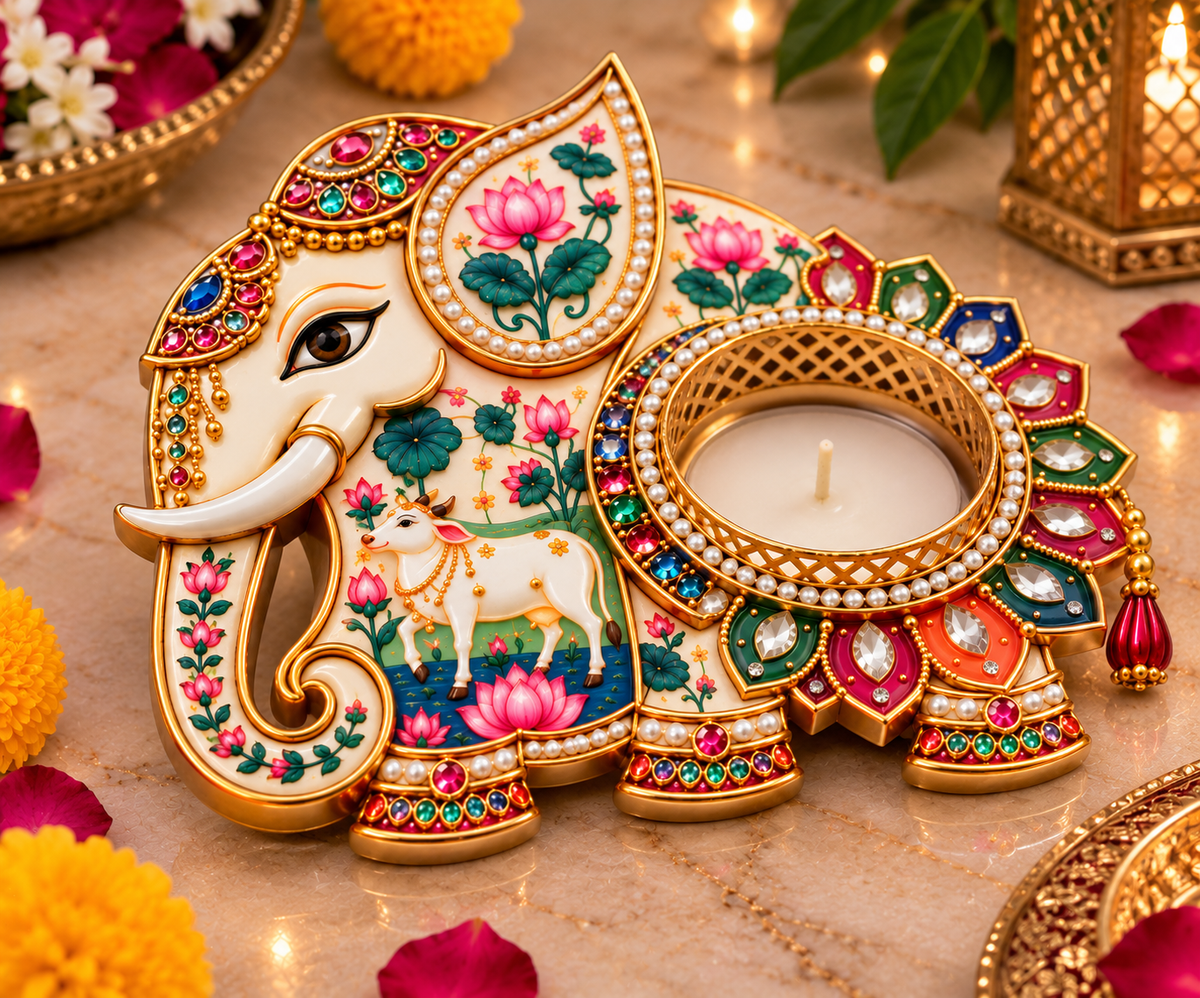 Diwali Special Premium Elephant Diya Holder with Cow & Lotus Design – Digital MDF