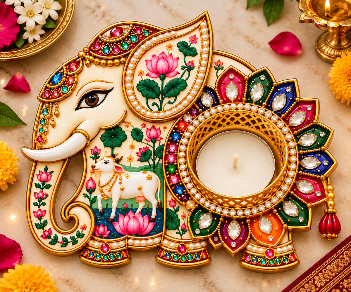 Diwali Special Premium Elephant Diya Holder with Cow & Lotus Design – Digital MDF