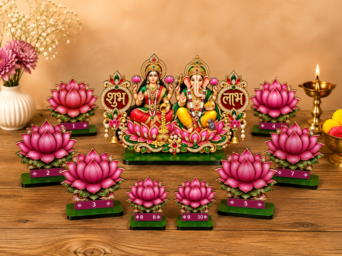 Ashtalakshmi   MDF Cutout Set of 9 | Navratri Pooja Decoration | Lakshmi Idol Wooden Standee for Mandir | Festive Home Decor Diwali Gift | 4 Inch Height Lotus Base