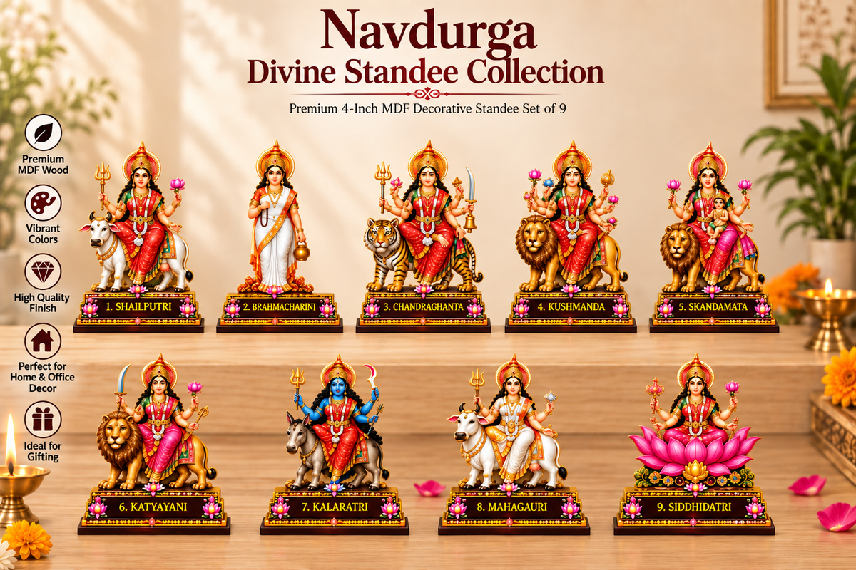 NAVDURGA  MDF Cutout Set of 9 | Navratri Pooja Decoration | Lakshmi Idol Wooden Standee for Mandir | Festive Home Decor Diwali Gift | 4 Inch Height Lotus Base