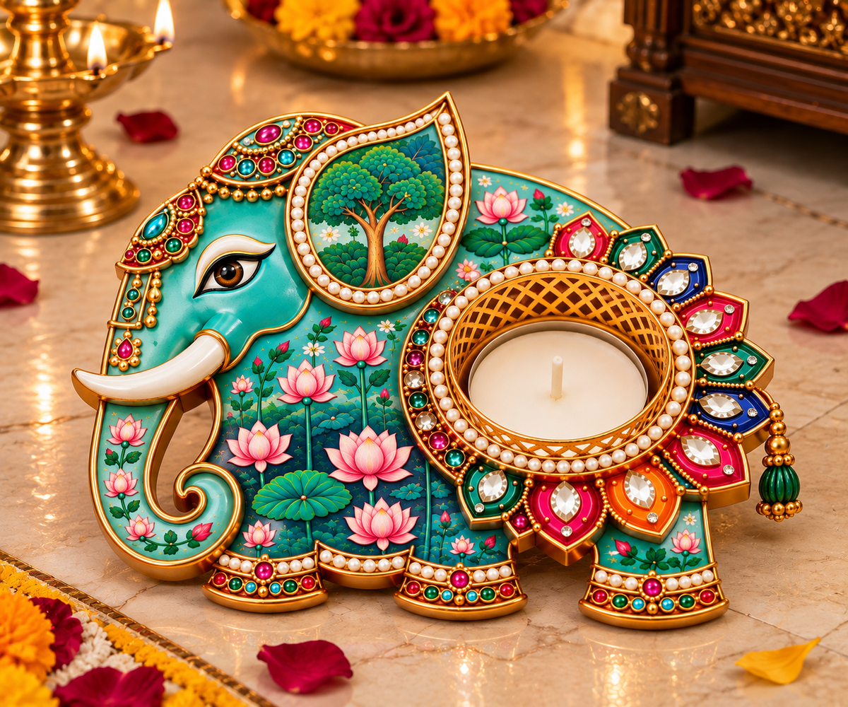 Premium Elephant Diya Holder with Lotus Meenakari Design – Royal Decorative Diwali Home Decor I Digital MDF