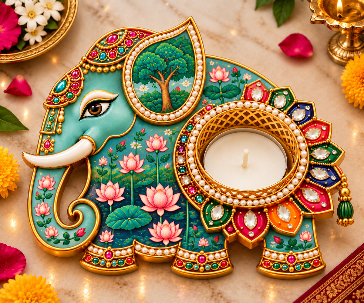 Premium Elephant Diya Holder with Lotus Meenakari Design – Royal Decorative Diwali Home Decor I Digital MDF
