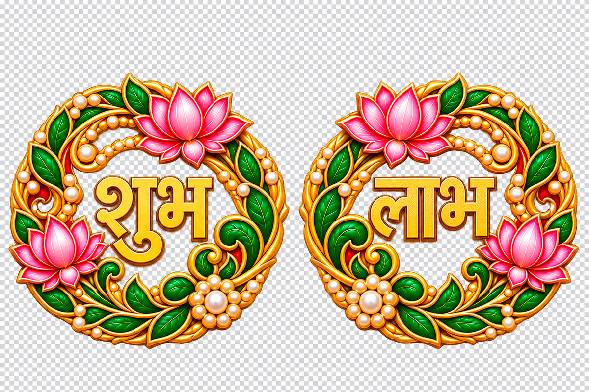 Premium Shubh Labh Lotus Floral Wall Hanging Set – Elegant Green & Pink Traditional Design Digital MDF 4 Inch | 10 Pair