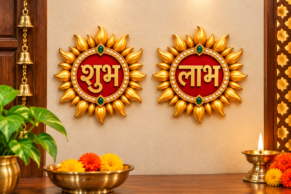 Premium Shubh Labh Sunflower Wall Hanging Set – Royal Golden Floral Design Digital MDF 4 Inch | 10 Pair