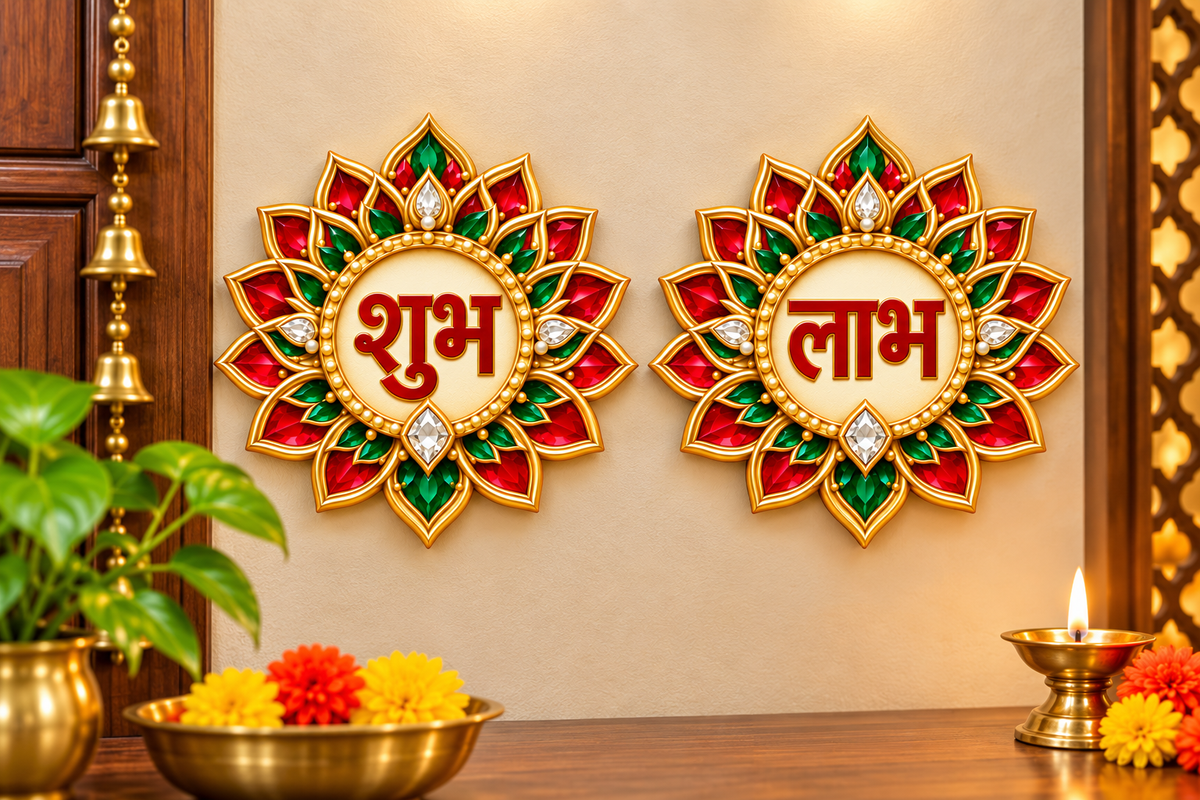 Premium Shubh Labh Decorative Wall Hanging Set for Home Temple & Diwali Decor | Traditional Lotus Design | Red Green Golden | Digital MDF10 pair