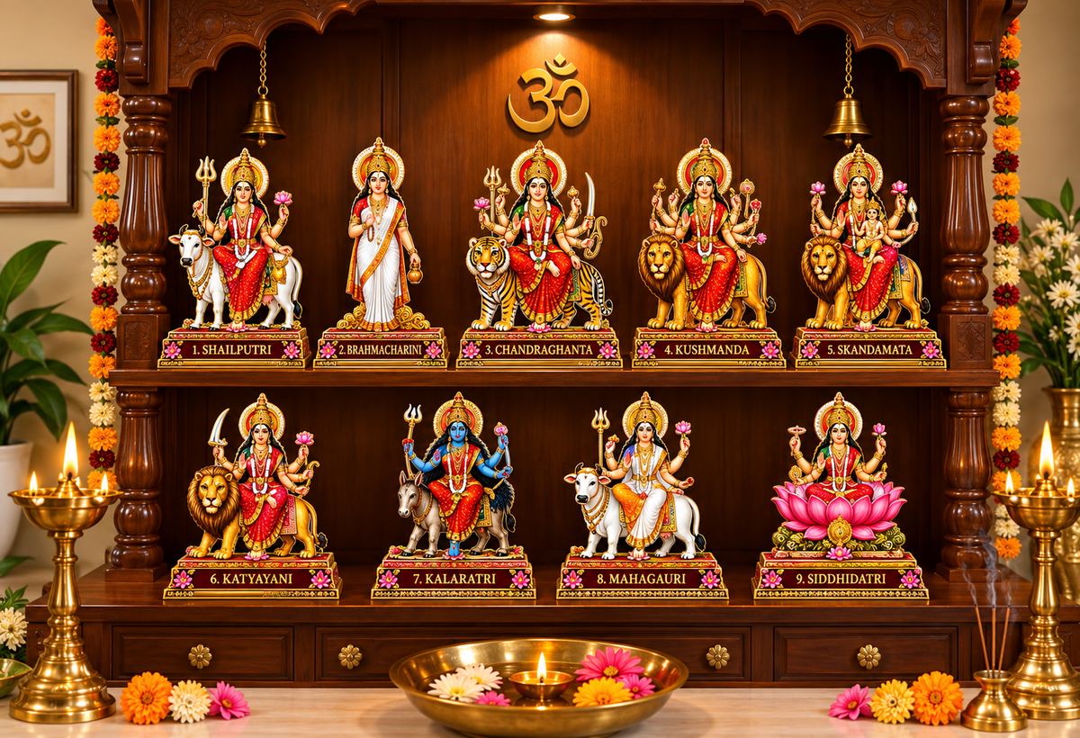 NAVDURGA  MDF Cutout Set of 9 | Navratri Pooja Decoration | Lakshmi Idol Wooden Standee for Mandir | Festive Home Decor Diwali Gift | 4 Inch Height Lotus Base