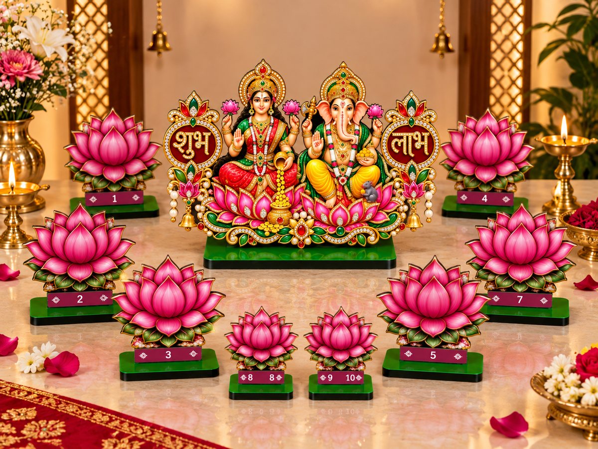 Ashtalakshmi   MDF Cutout Set of 9 | Navratri Pooja Decoration | Lakshmi Idol Wooden Standee for Mandir | Festive Home Decor Diwali Gift | 4 Inch Height Lotus Base