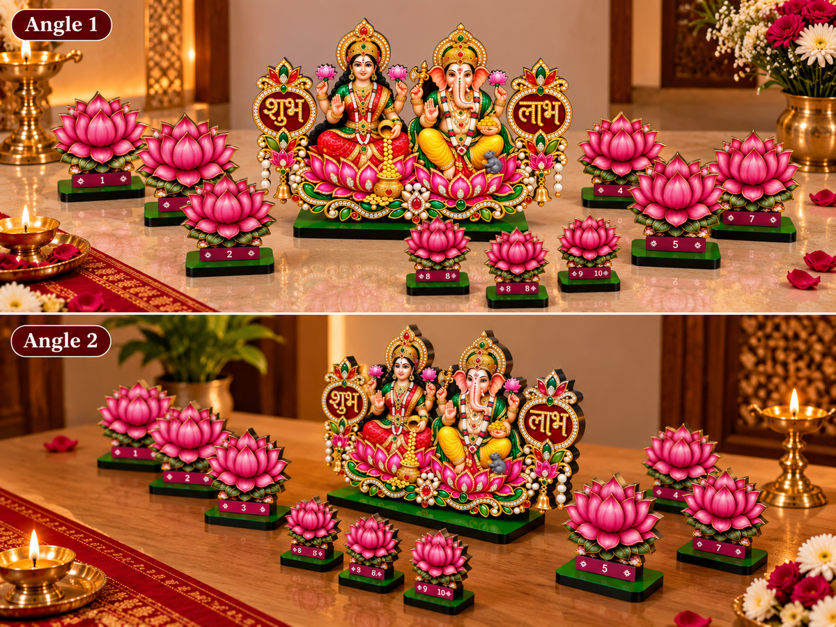 Ashtalakshmi   MDF Cutout Set of 9 | Navratri Pooja Decoration | Lakshmi Idol Wooden Standee for Mandir | Festive Home Decor Diwali Gift | 4 Inch Height Lotus Base
