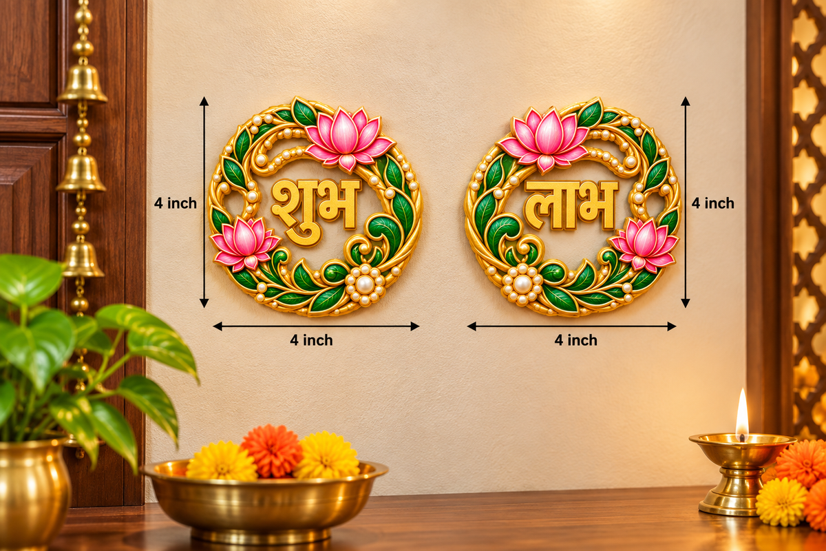 Premium Shubh Labh Lotus Floral Wall Hanging Set – Elegant Green & Pink Traditional Design Digital MDF 4 Inch | 10 Pair