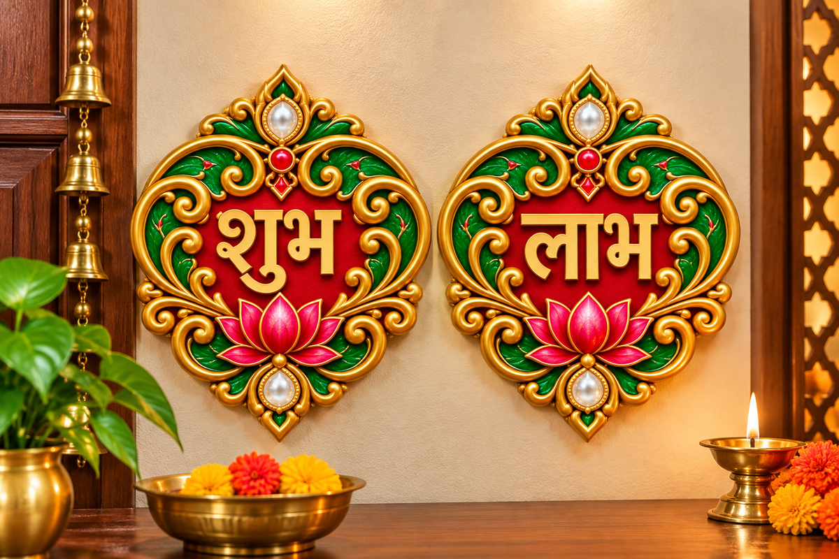 Premium Shubh Labh Wall Hanging 4 Inch | Traditional Golden Lotus Decorative Pair | Diwali Home & Pooja Decoration | Digital MDF