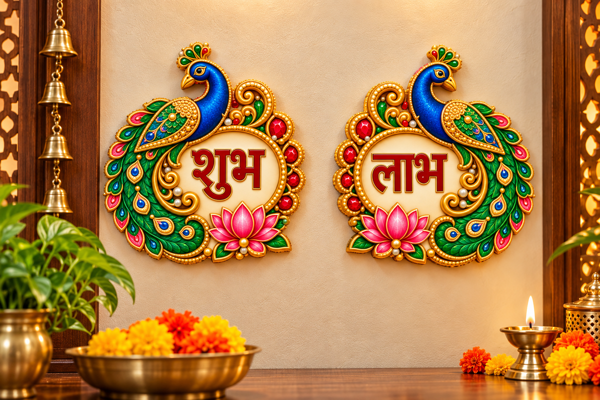 Premium Peacock Shubh Labh Wall Hanging 4 Inch | Peacock & Lotus Decorative Pair | Diwali Pooja Home Entrance Decoration | Digital MDF