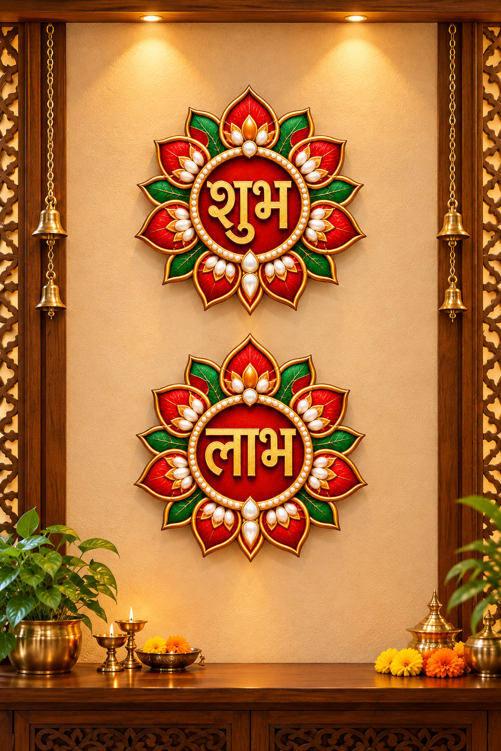 Premium Red Golden Shubh Labh Wall Hanging Set for Diwali & Home Entrance Decoration | 6 Inch | 2  Pair