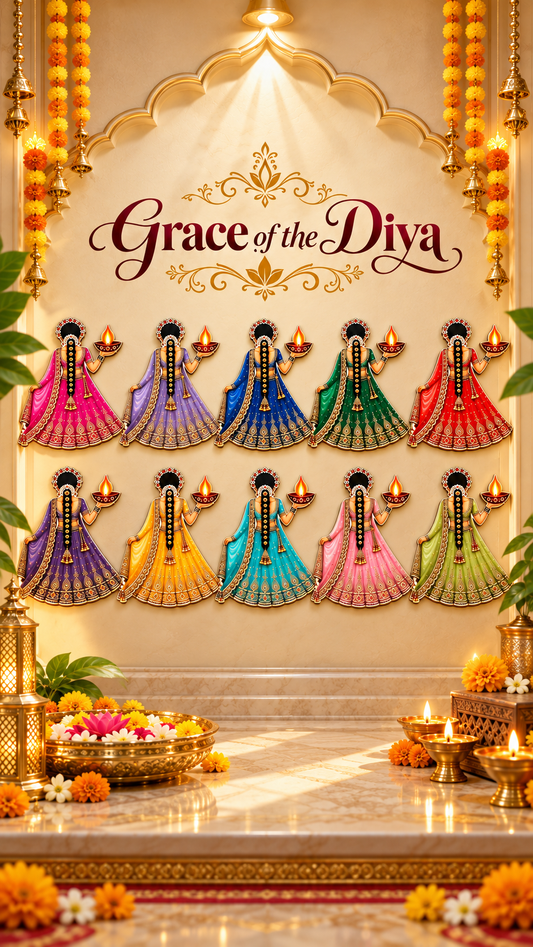 Grace of the Diya Decorative Wall Hanging Set, 10 Pair Multicolor Traditional Lady Diya Design for Diwali Home Decoration, Festive Wall Decor, 6 Inch | 10 Pair Digital MDF