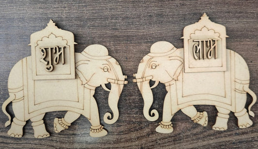 MDF Elephant  Subh And Labh For Diwali 2 Pair, Cutout for DIY Art and Craft | Wall Hanging Decorations, Festival Gift