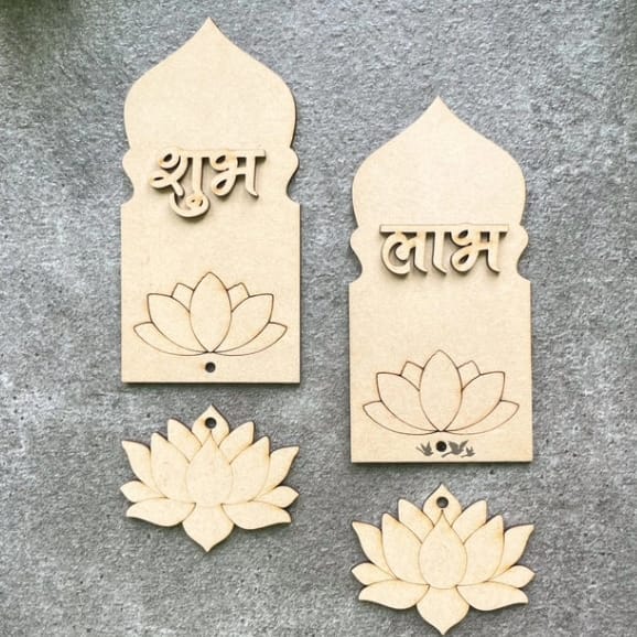 2 Pair of Lotus With Shubh Labh, MDF Cutout for DIY Art and Craft | Diwali Decorations, Festival Gift